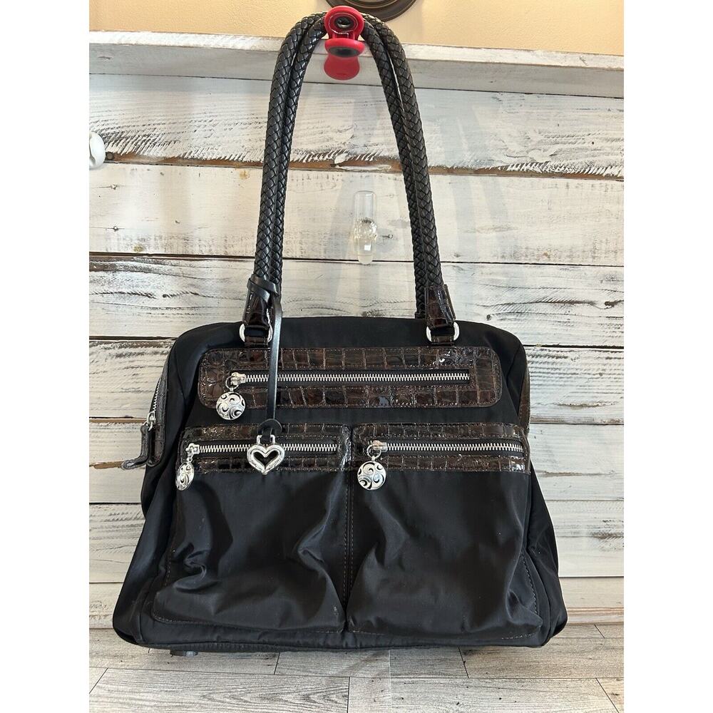 BRIGHTON BILLIE Black Nylon Patent Leather Trim Organizer Tote Handbag Purse